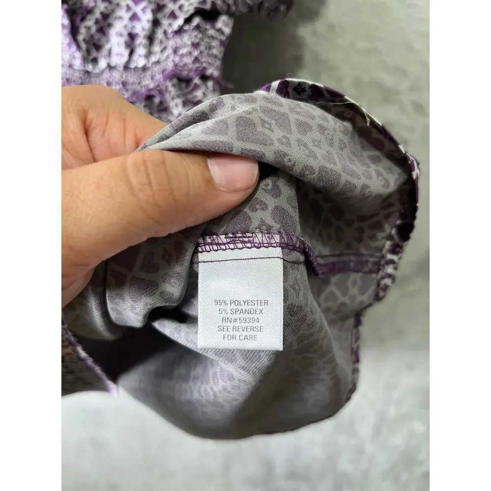 Vintage Y2K Purple Geometric Print Babydoll Top Smocked Waist Ruffle Trim Boho L - Picture 7 of 8